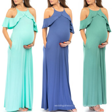 2021Hot Sale Lowest Price Solid Color Casual Strap Ruffle Maternity Photo Shoot Maxi Dresses